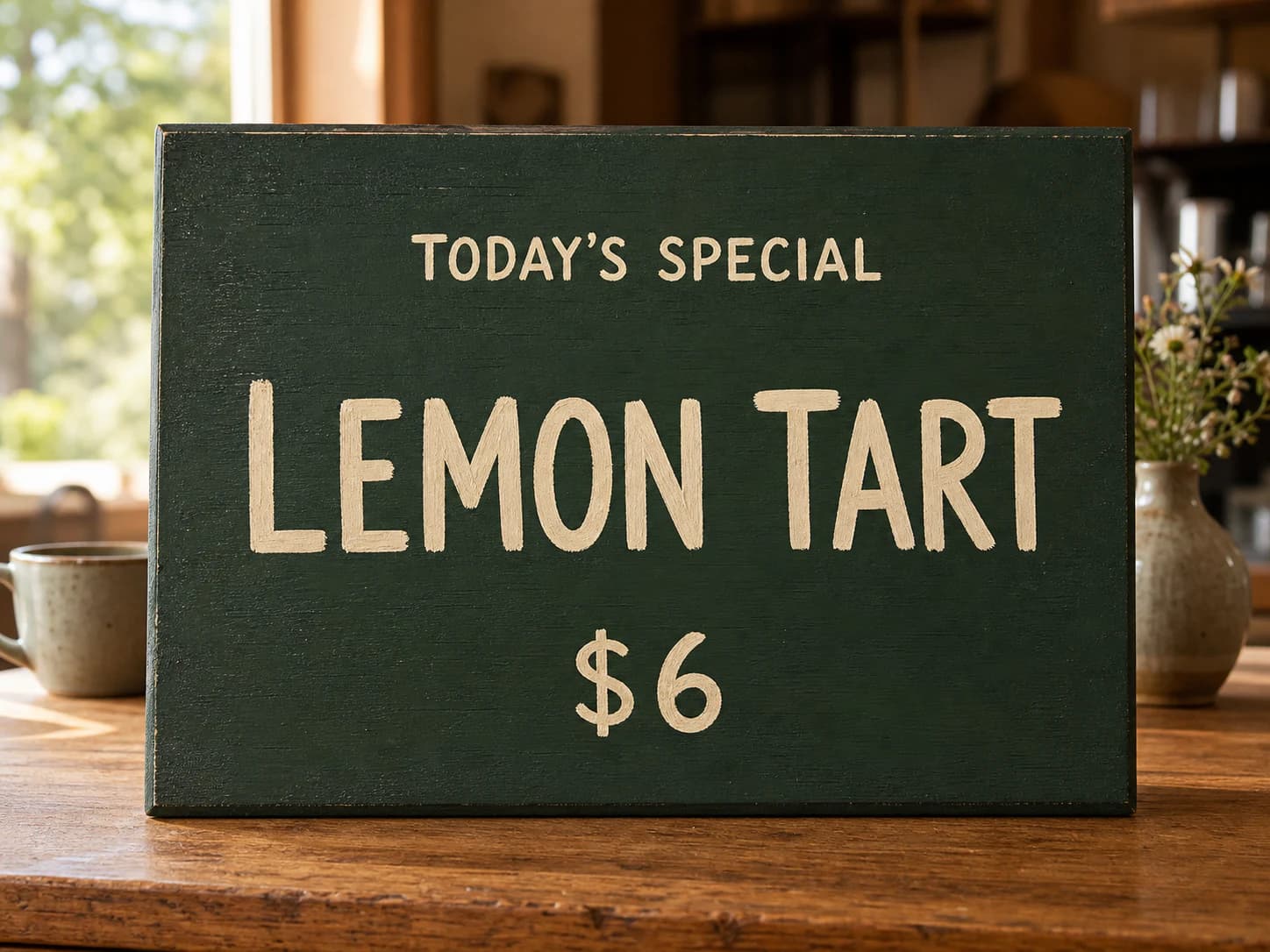 Original · Lemon Tart — Replace only the large center text "LEMON TART" with "BERRY TART". Keep "TODAY'S SPECIAL", "$6", the hand-painted type style, board, café, lighting, props, crop, and all non-target content unchanged.