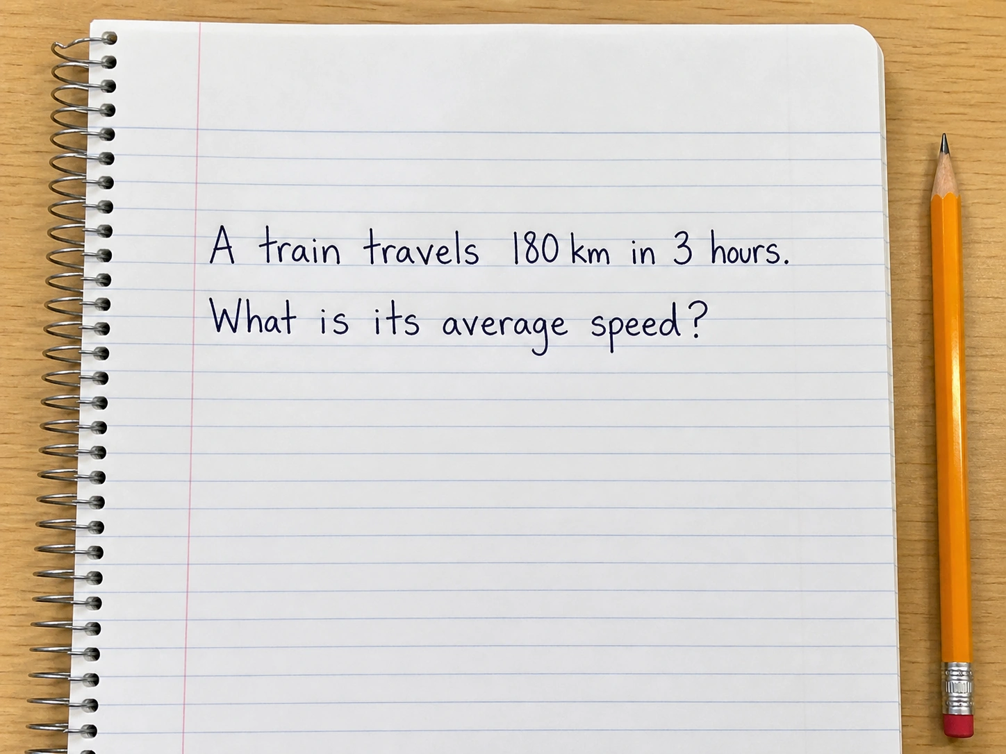 Before — Turn the photographed train-speed problem into a clean worked card: average speed equals distance divided by time; 180 km divided by 3 hours equals 60 km/h.