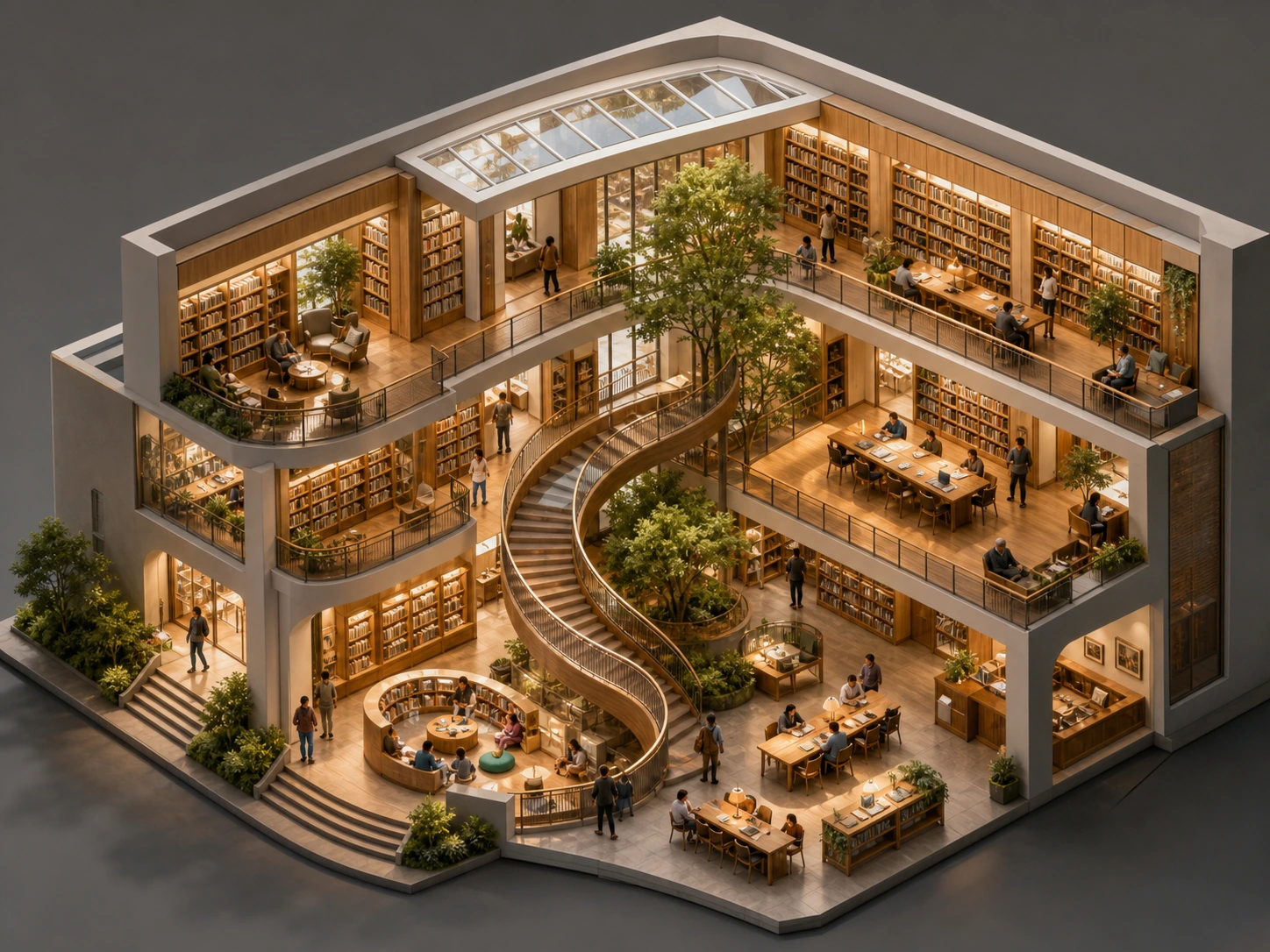 Spatial-reasoning test: an isometric library cutaway with connected floors, visible circulation, reading zones, trees, and skylights.