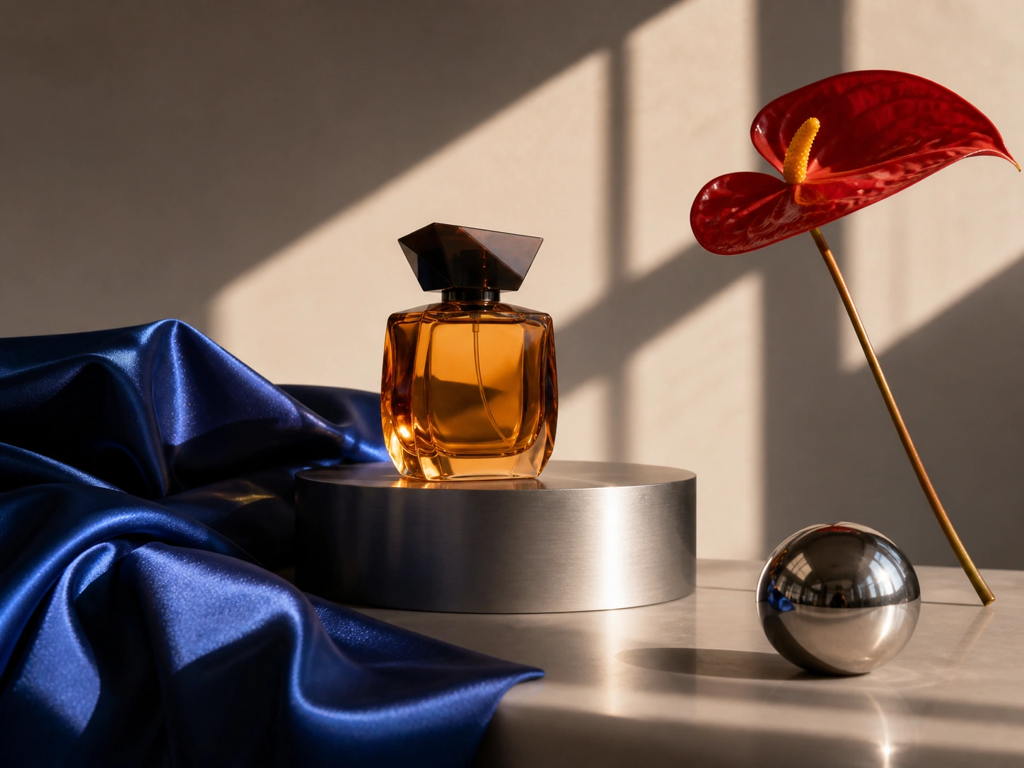 Material-reasoning test: amber glass, cobalt silk, brushed aluminum, chrome, and a red anthurium under one hard window light.