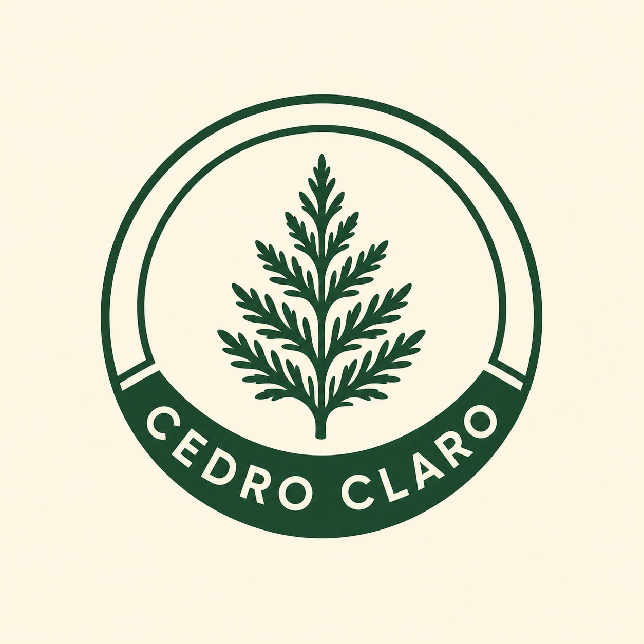 Conceito fictício: badge circular "CEDRO CLARO", folha de cedro, verde e creme. Disponibilidade de marca não verificada.