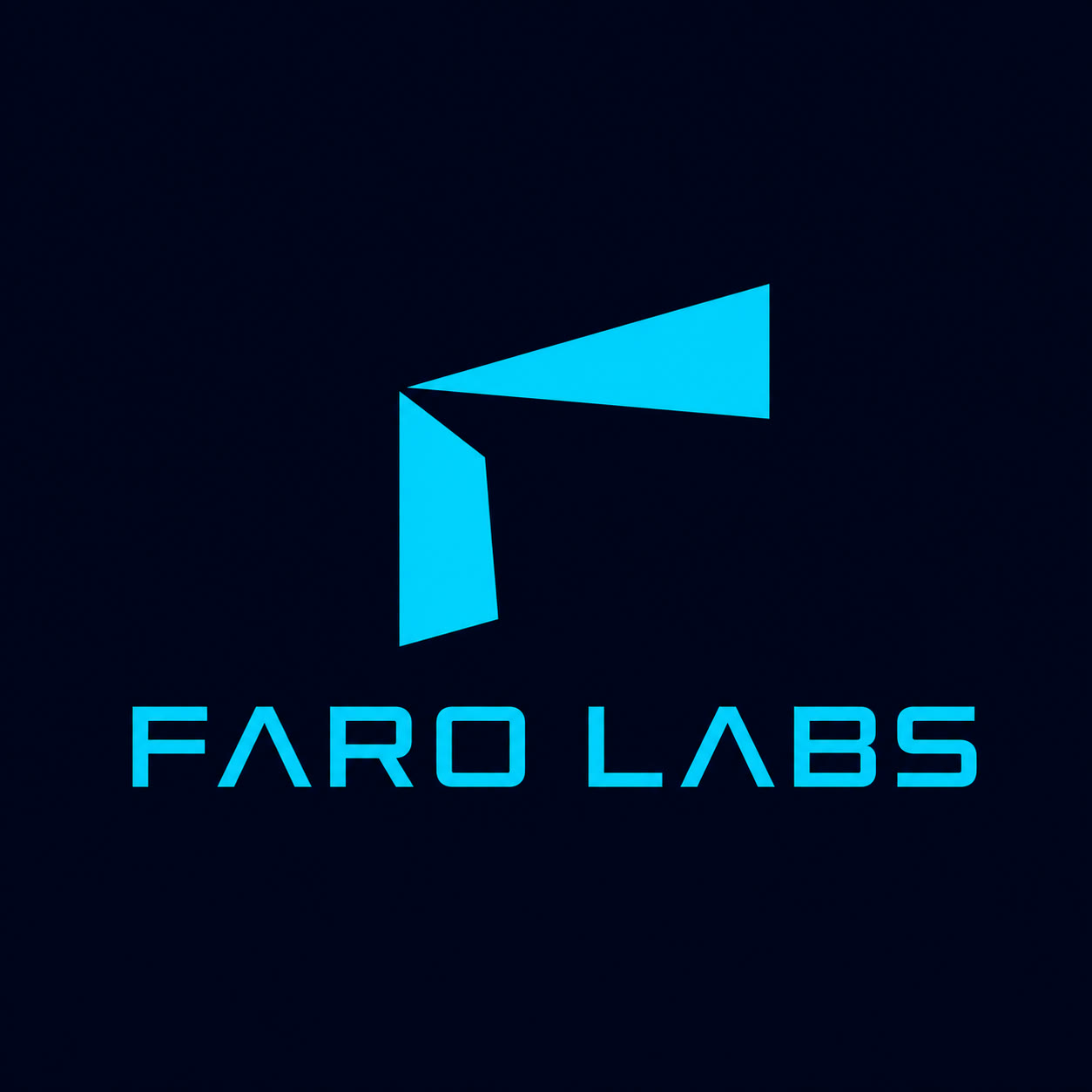 Conceito fictício: logo tech "FARO LABS", wordmark ciano legível e ícone geométrico. Disponibilidade de marca não verificada.